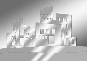Illustration, Aneinanderreihung von stilisierten Gebäuden