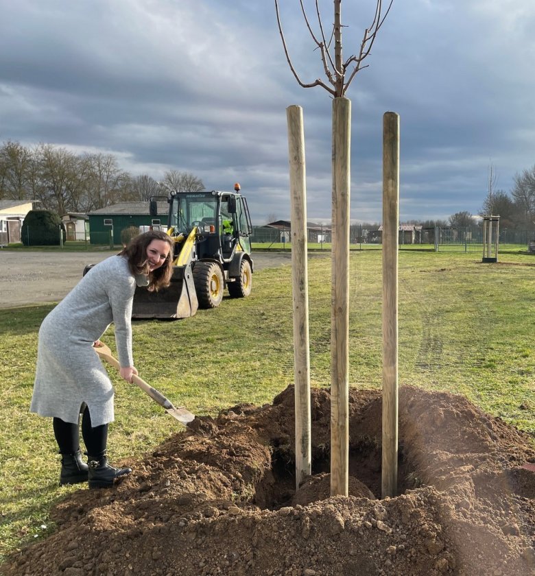 Bürgermeisterin Herget-Umsonst schaufelt ein Pflanzloch eines Baumes wieder zu.