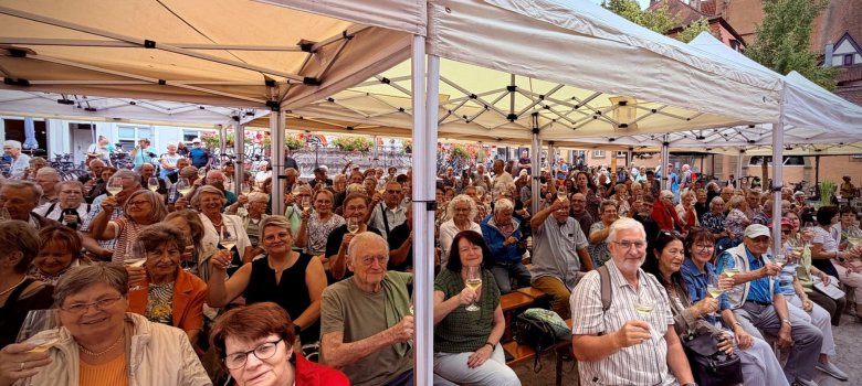 Seniorenausflug Ratsherrenempfang Reichelsheimer Senior:innen auf dem Marktplatz in Volkach beim Rathsherrenempfang