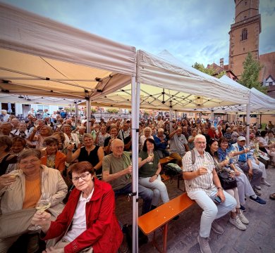 Seniorenausflug Ratsherrenempfang Reichelsheimer Senior:innen auf dem Marktplatz in Volkach beim Rathsherrenempfang