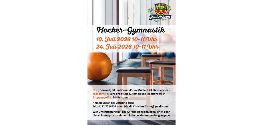 Hocker-Gymnastik startet Unter dem Motto "Reichelsheim bewegt sich" startet das neue Angebot "Hocker-Gymnastik" am 10.07. und 24.07.2026