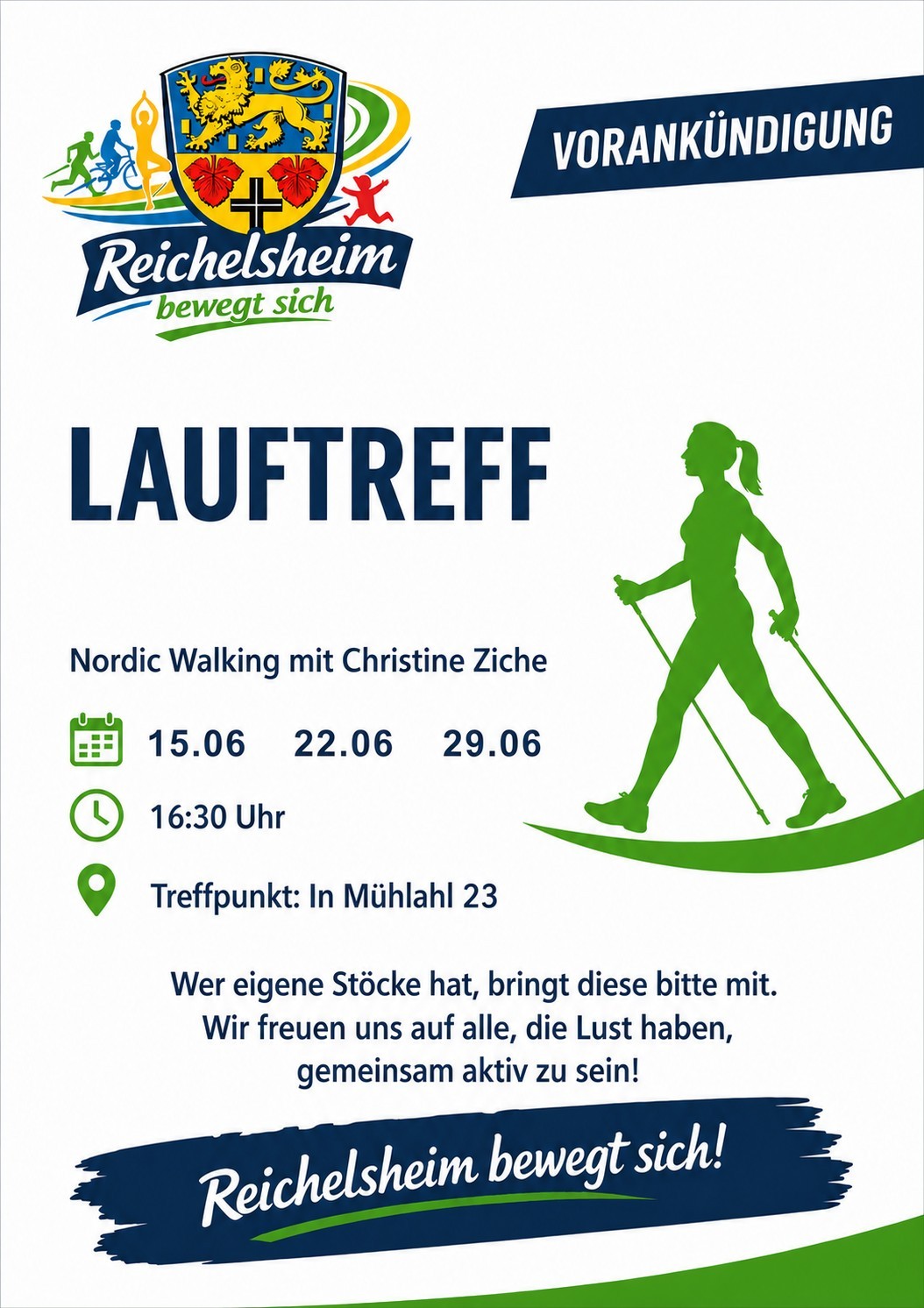 Nordic Walking Treff 15., 22. und 29. Juni 2026