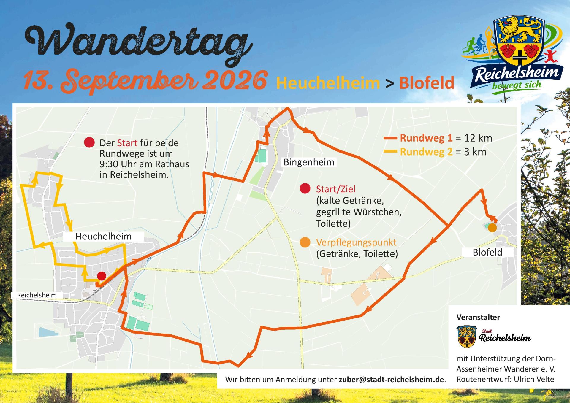 Es ist die skizzierte Wanderroute in Heuchelheim und die Wanderroute mit Bingenheim und Blofeld abgebildet.