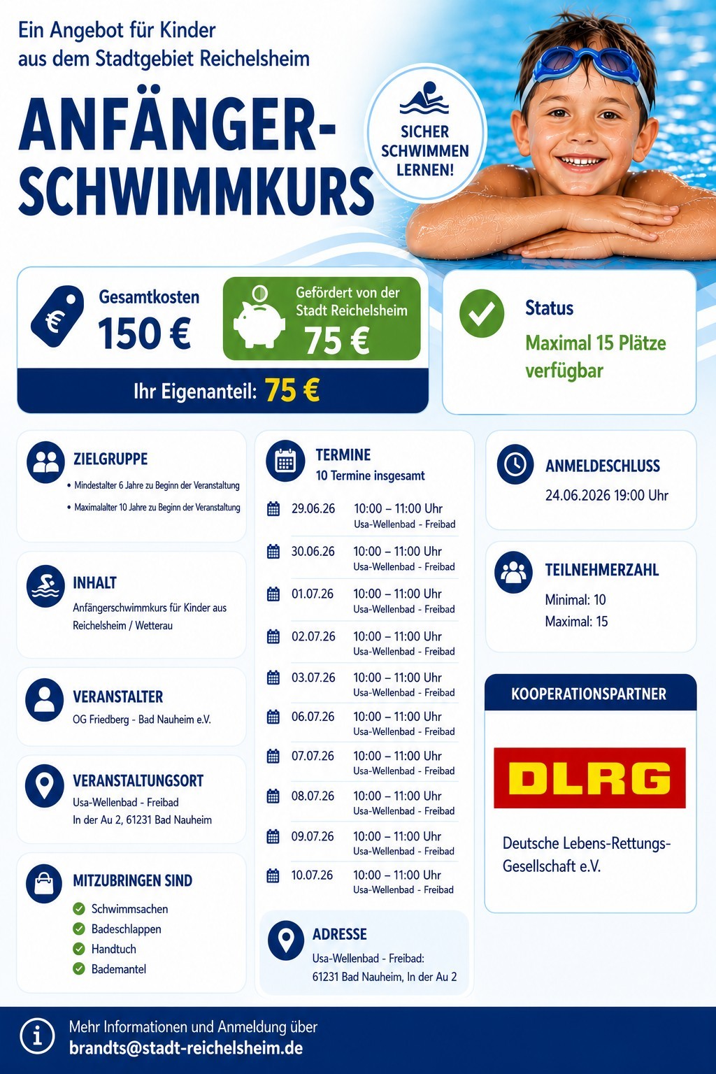 Es wird ein Kind mit Schwimmbrille sowie die Logos der Stadt Reichelsheim und des DLRG