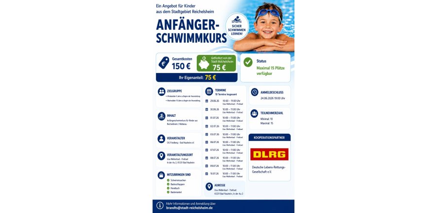 Anfängerschwimmkurs Es wird ein Kind mit Schwimmbrille sowie die Logos der Stadt Reichelsheim und des DLRG