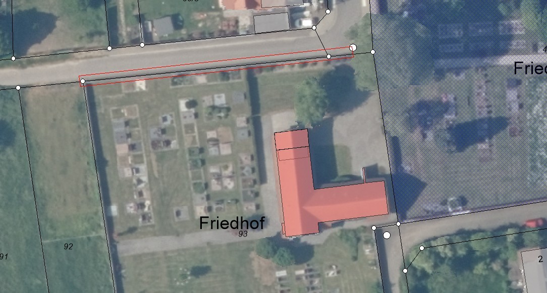 Draufsicht Friedhof Reichelsheim mit Kennzeichnung der baufälligen Mauer