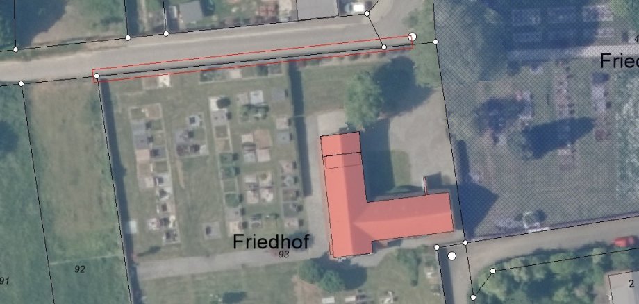 Rückbau Mauer Friedhof Reichelsheim Draufsicht Friedhof Reichelsheim mit Kennzeichnung der baufälligen Mauer