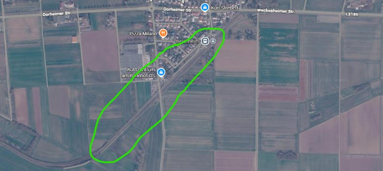 Ausschnitt der Bahnlinie aus google maps von Beienheim Ausschnitt der Bahnlinie aus google maps von Beienheim