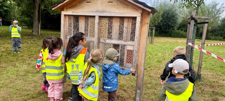 Reichelsheimer Kita-Kinder beim Beobachten des Geschehens vor einem Insektenhotel auf Reichelsheimer Streuobstwiese